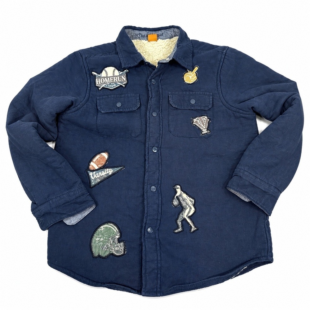 Tailor Vintage Kids Navy Sherpa Lined Varsity Patch Shirt Jacket Shacket Size 8